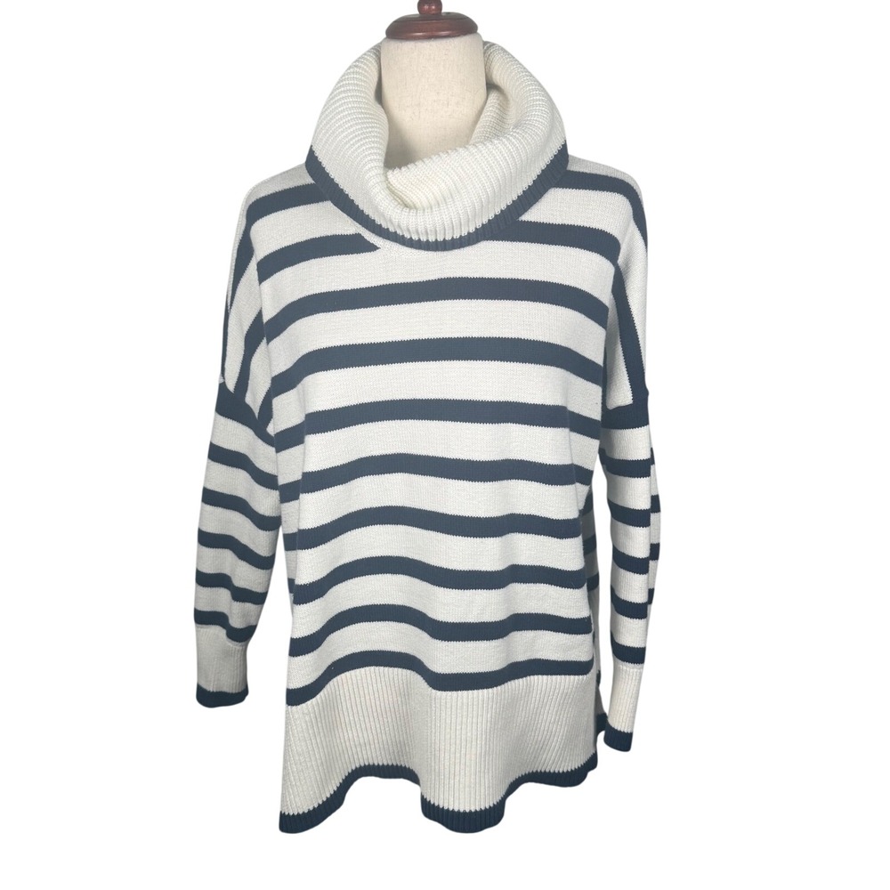 LOFT Striped Cowl Neck Sweater Womens Medium White‎ Navy Cotton Coastal Nautical